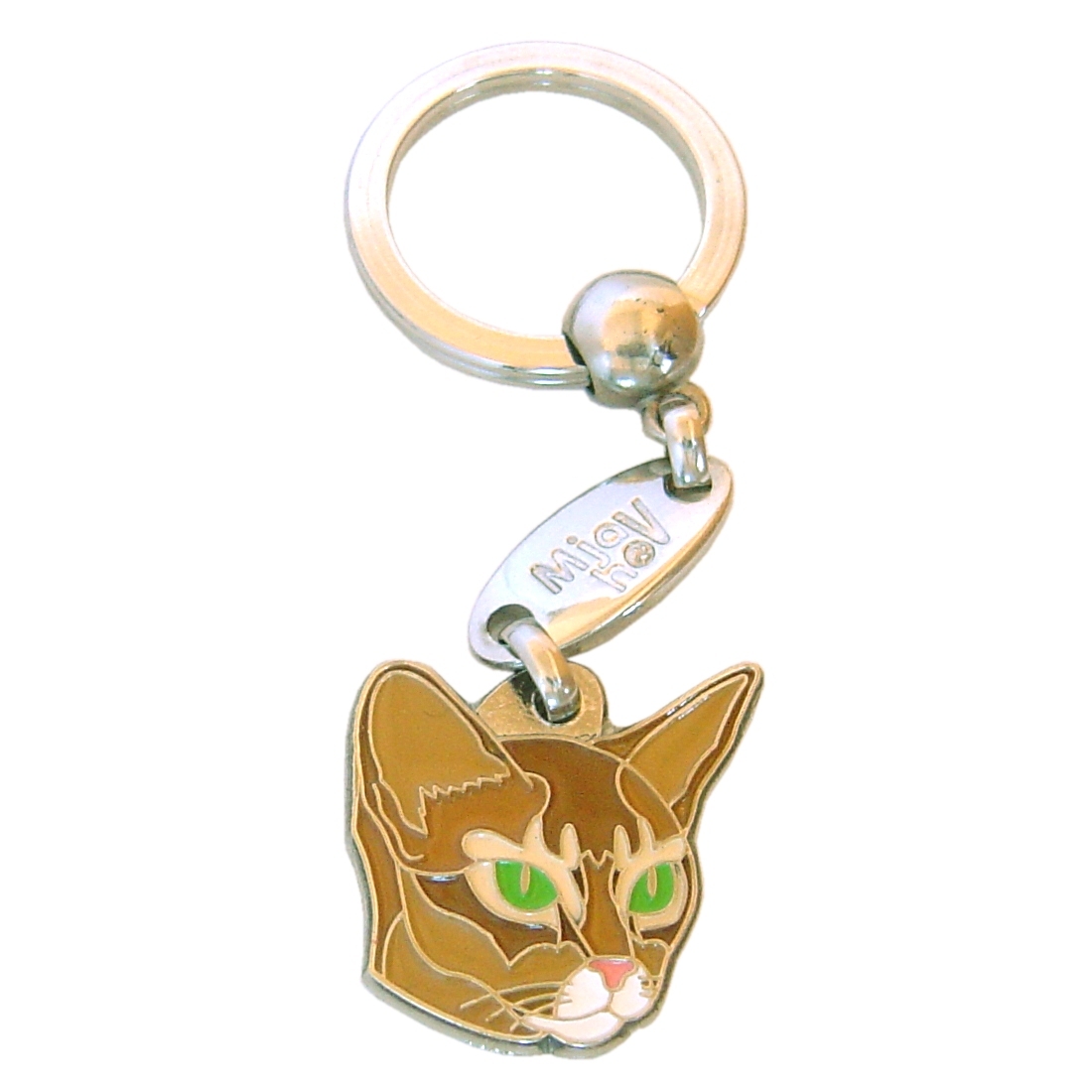 Pet ID tag with custom engraved text, Abyssinian cat