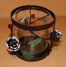 Christmas Candle Holder Trimmerry 3.5&quot; x3.5&quot; Metal &amp; Glass Pinecones/Ber... - $7.49