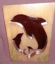 Dolphin Wooden Mirror Ferns 17&quot; Mother and Baby Pup Calf Brown - £37.07 GBP