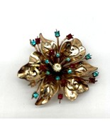 Vintage CORO Brooch Pendant Goldtone flower with Red and Blue Crystals - £29.50 GBP