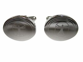 Kiola Designs Silver Toned Etched Oval Leonardo Da Vinci Vitruvian Man Cufflinks - £31.96 GBP