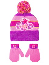 Trolls World Tour Princess Poppy Beanie Winter Hat &amp; Mittens Set w/Pom-Pom - £8.43 GBP