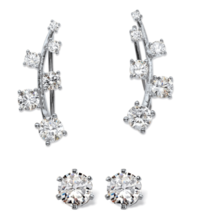 ROUND CZ EAR CLIMBER AND STUD EARRINGS SET STERLING SILVER - £78.35 GBP