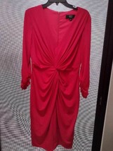 Tadashi Collection Knit Dress Size Med Pink Stretch V Neck Twist Front Ruche - £119.93 GBP