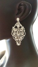 4.5&quot; Long Clear Crystals Statement Filigree Evening Earrings  Bridal, Pageant - £19.16 GBP