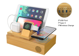 Bamboo Wireless Charger Station for Multiple Devices, Wooden Desk Organizer - £39.86 GBP