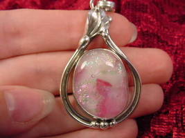 (#D-212) Dichroic Fused Glass Silver Pendant White Pink Green Shimmer Sparkle - $77.59