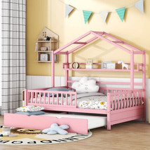 Wooden Full Size House Bed with Twin Size Trundle,Kids Bed with Shelf, Pink - £303.15 GBP
