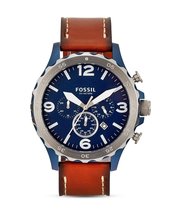 Fossil Men&#39;s Nate Quartz Leather Chronograph Watch, Color: Silver/Blue, Brown (M - £106.83 GBP