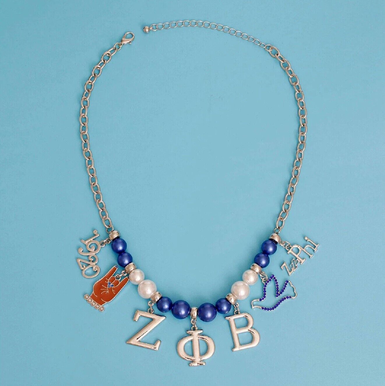 Blue White Pearl Hand, Letters, Dove Charms Silver Oval Cable Fashion Necklace - $49.00