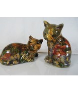 Vintage Pair Floral Fabric Design Glazed Ceramic Cat Figurines - $19.21