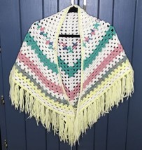 Vintage Handmade Crochet Shawl Soft Colors Sparkle Metallic Threads 80s Vibes - £19.33 GBP