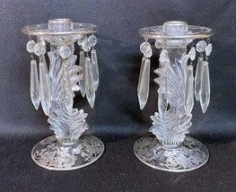 Pair Of Fostoria Baroque Plume Clear Candlesticks W/ 8 Prisms &amp; Silver Overlay - £32.47 GBP