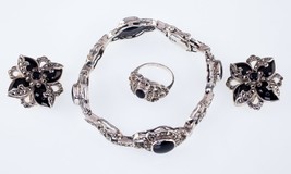 Gorgeous Sterling Silver Onyx and Hematite Jewelry Set Bracelet, Earrings, Ring - £456.93 GBP