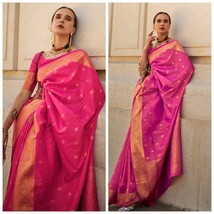 Pink White Banarasi Silk Saree With Blouse Piece, Free Shipping, Gift for her,   - £63.16 GBP