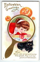 Antique Halloween Postcard Mirror Girl Black Cat 248 Stecher Pumpkin App... - £56.22 GBP