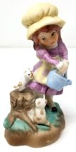 Yellow Bonnet Girl Kittens Figurine Purple Dress Watering Can Porcelain ... - $15.15