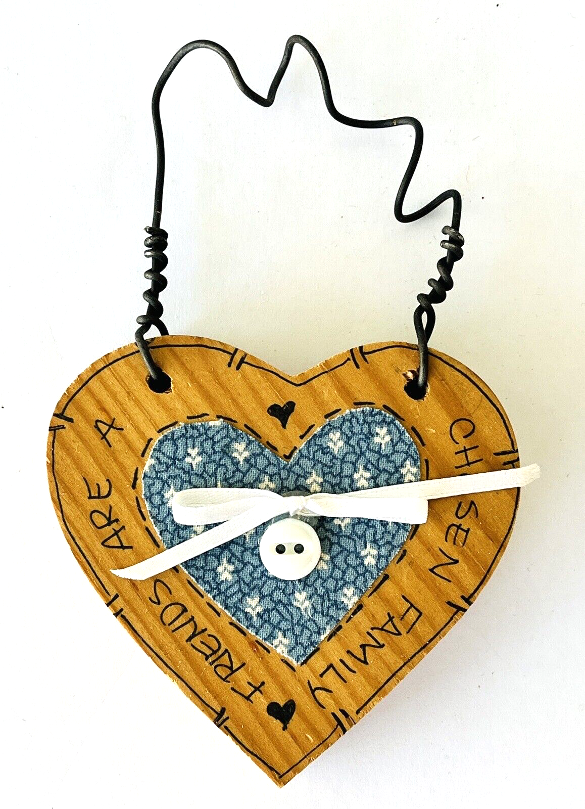 Primary image for Wood Heart Ornament Wall Decor Friends are a Chosen Family w/ Button Bow Fabric