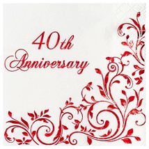 Red 40Th Anniversary Cocktail Napkins For Ruby Wedding Party Decoration, 3-Ply D - £16.07 GBP