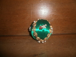 Green Satin Christmas Ornament , Gold Trim With Pearls - $2.00