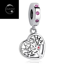 Genuine 925 Sterling Silver Family Tree Pink Love heart pendant Dangle Charm - £17.52 GBP