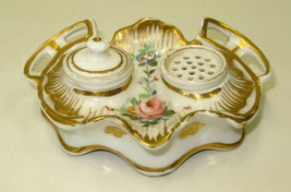 Antique Old Porcelain Hand Painted Floral Inkwell Inkstand Gold Trim - $60.73