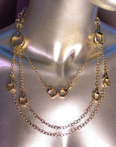 CHIC &amp; FABULOUS Designer 3 Strands Gold Horsebit Links Chains Layered Necklace - £27.65 GBP