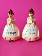 Vtg Enesco Girls Salt and Pepper Praying Bible Verse Daily Bread Shakers Japan - £10.94 GBP