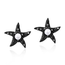 Black Cubic Zirconia Starfish Pearl Centered .925 Silver Stud Earrings - £8.67 GBP