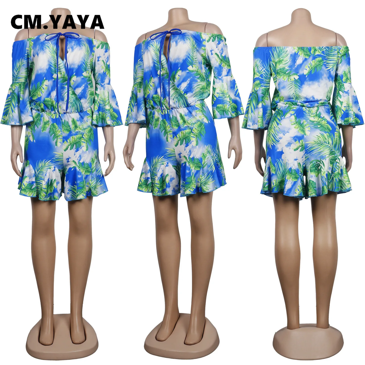 CM.YAYA Women Leaf Print Chic Off  Flare Sleeve Romper 2022 Summer Beach Boho El - £89.39 GBP