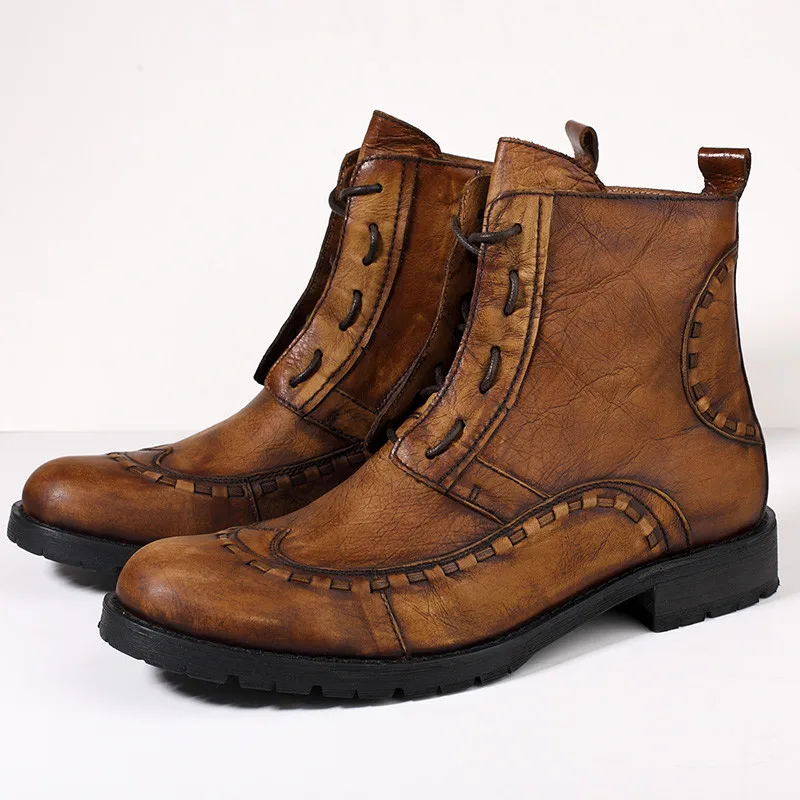 NEW leather sew line boy high top leather Boots wild man denim vintage handmade  - £284.77 GBP