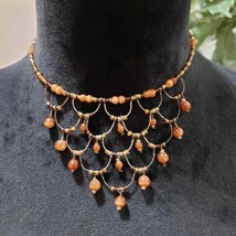 Womens Fashions Orange &amp; Gold Glass Round Sterling Beaded Bib Necklace Jewellery - £19.66 GBP