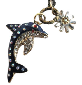 Betsey Johnson long Blue Dolphin Rhinestone Pendant Necklace NEW  - £10.38 GBP