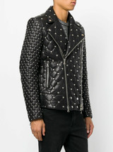 Men&#39;s Black Color Quilted Genuine Leather Silver Studded Double Zipper Jacket - £176.31 GBP