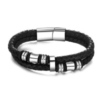 Men&#39;s Leather Stainless Steel Bracelet Real Mutilayer Black Braided Slip Clasp - £7.03 GBP