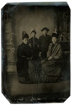 CIRCA 1860&#39;S 2.5X3.5 in 1/6 Plate TINTYPE Three Women in Hats With One Man - £12.51 GBP