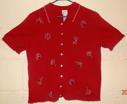 Koret Sweater Red Embroidered Flowers Size L Cardigan Shirt Women - $23.89