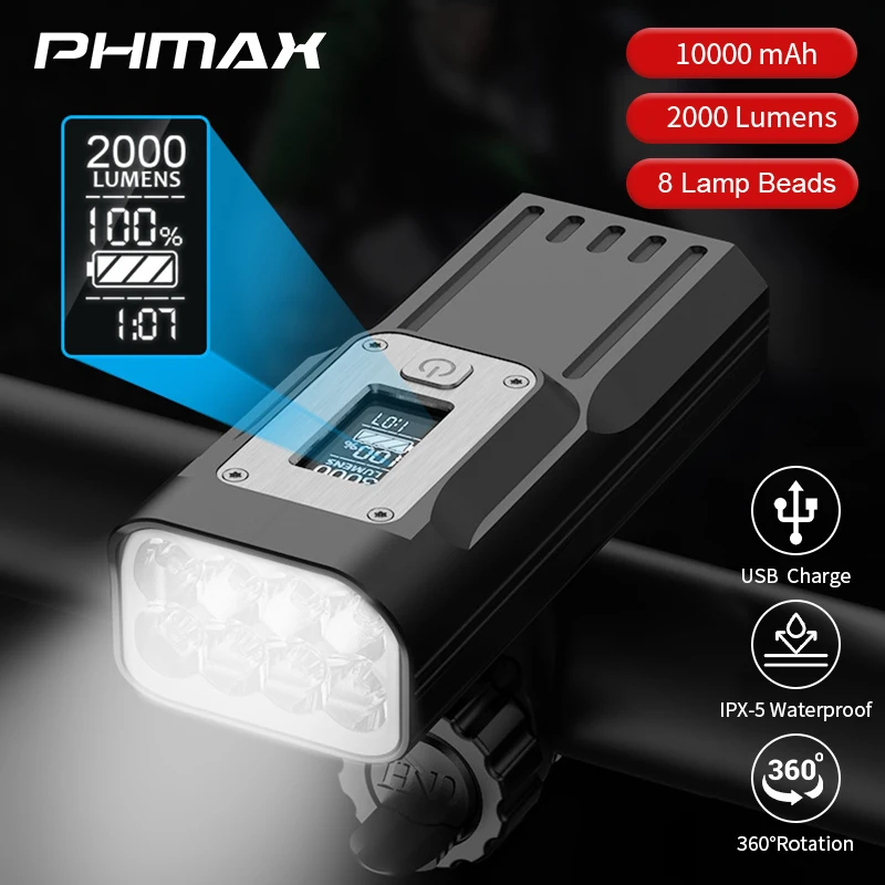PHMAX Bike Light 2000 Lumens Headlight Rainproof Bicycle Flashlight Front Lamp - £25.39 GBP+