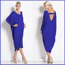 Long Solid Color Loose Euro Draped Sleeves Scoop Neck V Back Midi Lounger Dress image 3