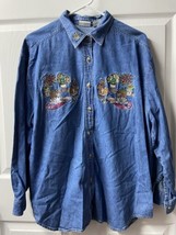 Bobbie Brooks Embroidered Chambray Long Sleeved Shirt Womens XL Cats Books Plant - £15.78 GBP