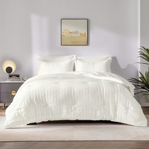 California King Seersucker Comforter Set With Sheets Ivory Bed In A Bag 7-Pieces - $70.99