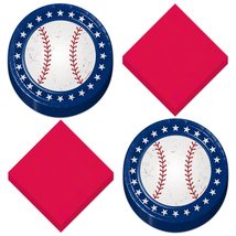 Baseball Party Supplies - All Star Red, White, &amp; Blue Paper Dessert Plates, Napk - £9.12 GBP+