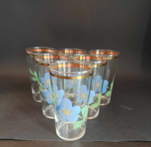 VTG MCM Federal Glass Tumblers Blue Flowers Floral Set of 6 Juice Hand Painted - £22.11 GBP