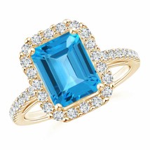 ANGARA Emerald-Cut Swiss Blue Topaz Halo Ring for Women, Girls in 14K Solid Gold - £1,188.09 GBP