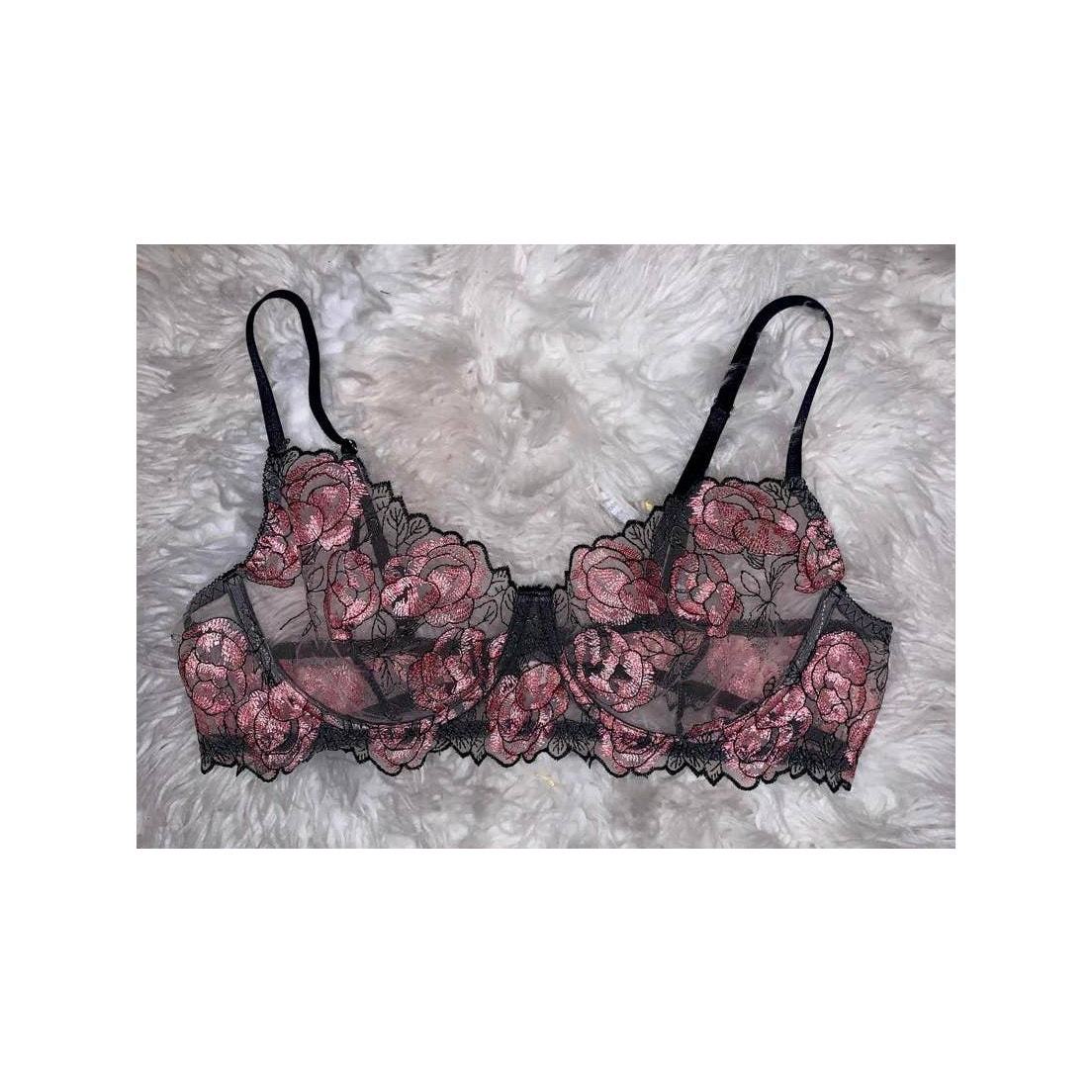BRAND NEW Lace Mesh Black and Pink Rose Bra Lingerie Top See Through Siz... - £12.13 GBP