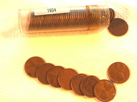 1934 P Lincoln Wheat Cent Roll 50 Coins Very Good To Fine Condition - $3.99