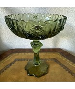 Vintage 1960s Fenton Green Rose Glass Footed Compote 8” Pedestal Bowl Sc... - $52.12 CAD