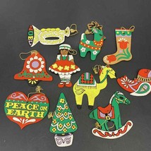 10 Flat Wood Christmas Tree Ornaments Double Sided Hand Painted Colorful Vintage - £15.14 GBP