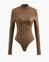 MICAS Mock Neck Faux Leather Paneled Long Sleeve Bodysuit Brown sz Large - £20.17 GBP