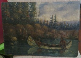 Painting Oil on Board Native Americans Canoe River Scene on Fiber Board ... - $186.99